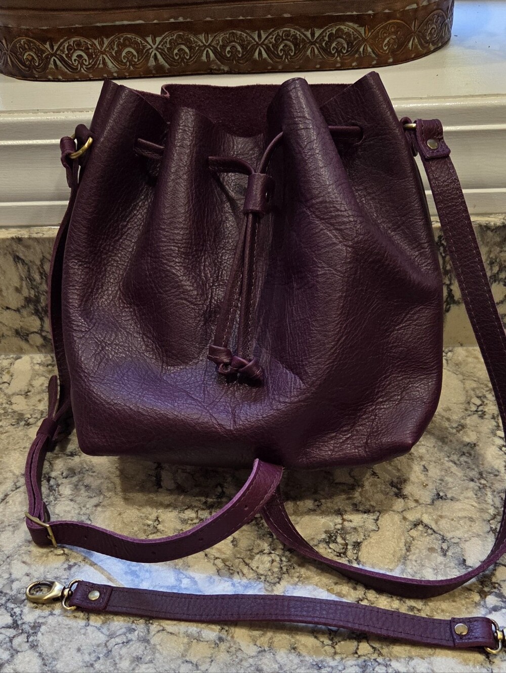 Portland Leather Plum Drawstring Crossbody Bucket Bag